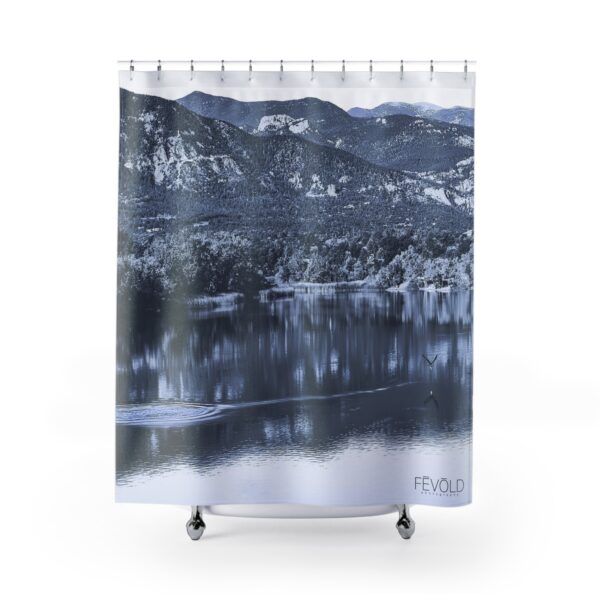 Shower Curtain featuring A TROUT TAKES FLIGHT, Exclusive Photo by Fevold Photography