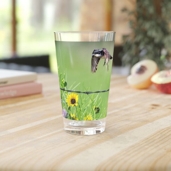 Pint Glass (16oz), Featuring EASTERN KINGBIRD CHECKING OUT THE WILDFLOWERS | Exclusive photography by Fevold Photography