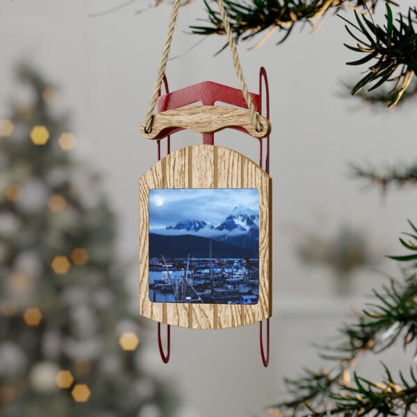 Sled Ornament featuring MOONLIGHT OVER SEWARD, Exclusive Photo by Fevold Photography