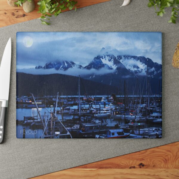 Textured, Tempered Glass Cutting Board Featuring MOONLIGHT OVER SEWARD | Exclusive Photography by Fevold Photography