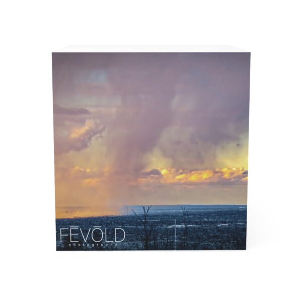 Note Cube featuring SNOWSTORM VEILS THE SUNSET, Exclusive Photo by Fevold Photography